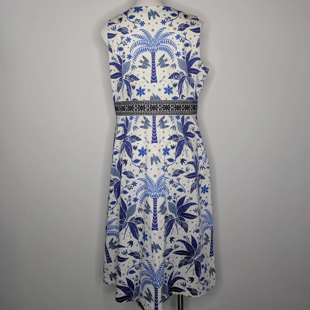 Boden Blue White Floral Bird Palm Tree Sleeveless V Neck Cotton Midi Dress 12 - Picture 7 of 10